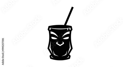 Tiki Cocktail Icon: Tropical Drink with Straw, Tribal Mask Design