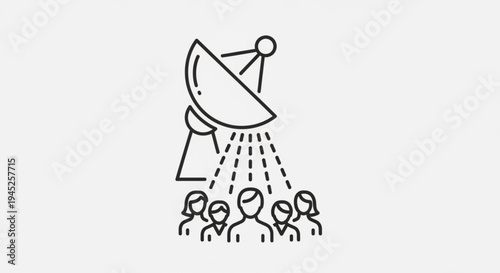 Satellite dish broadcasting signals to a group of people in a line drawing style with simple icons