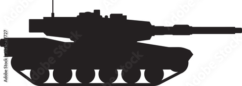 Military battle tank silhouette isolated on white background, armored combat vehicle side view illustration for army, defense, war equipment, vector design