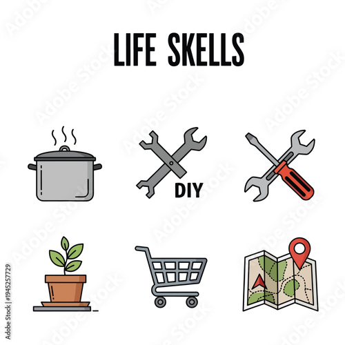 A colorful illustration depicting various life skills through icons of a pot, wrench, DIY tools, a plant, a shopping cart, and a map.