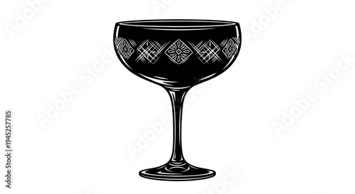 Vintage Cocktail Glass with Ornate Etching - Black and White Illustration