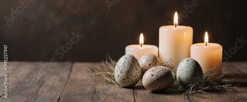 Easter Speckled Eggs and Candles in Warm Lighting
