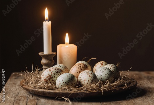 Easter Speckled Eggs and Candles in Warm Lighting