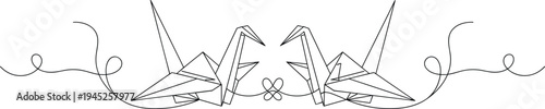 Continuous one line drawing of two origami paper cranes facing each other connected by swirling thread for minimalist decorative design