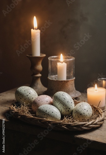 Easter Speckled Eggs and Candles in Warm Lighting