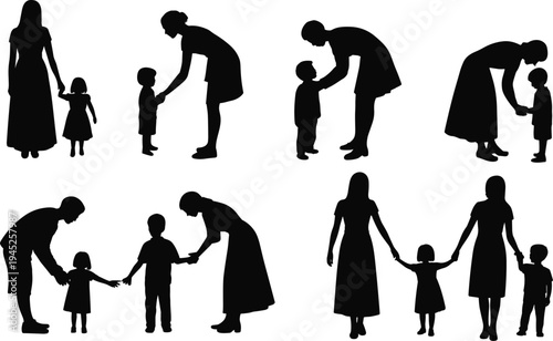 Mother and child silhouettes collection isolated on white background, parenting, family care and kids interaction poses set for motherhood vector illustration