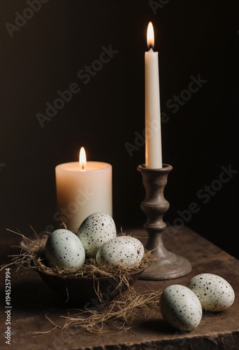 Easter Speckled Eggs and Candles in Warm Lighting