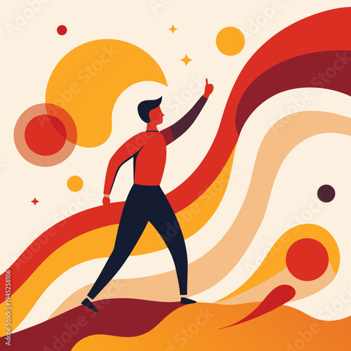 A man standing on a hill with abstract background