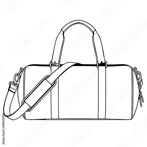 Detailed line art icon of a black and white cylindrical duffel gym bag with shoulder strap isolated on transparent background