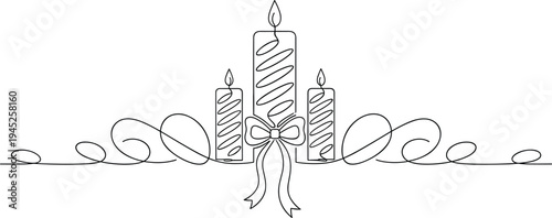Elegant continuous line art drawing of three burning candles with decorative bow, minimalist icon for Christmas, Advent, holiday celebration decoration.