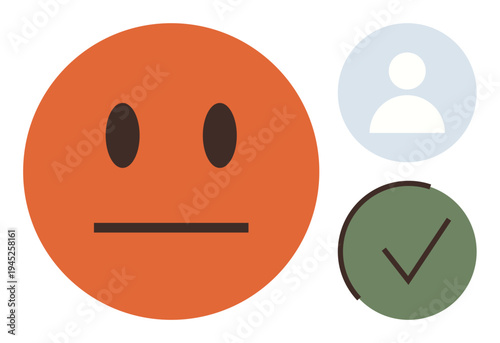 User feedback, identity verification, approval processes, online profiles, emotional analytics, digital communication. Orange neutral face, profile icon checkmark. User feedback and identity