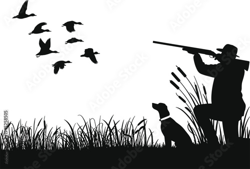 Silhouette of hunter with dog aiming at flying ducks in grassy field rifle