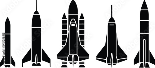 Rocket collection vector icons, black and white silhouettes of rockets space shuttles and missiles ideal for science, aerospace, and transport technology illustrations.