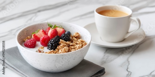 a bowl of granola with milk and berries on the side, accompanied by coffee or orange juice for breakfast on a marble table.
