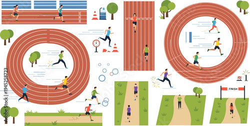 Athletes and runners training on running tracks and park trails for marathon competition in flat vector illustration set