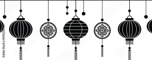 Horizontal border of black silhouette hanging Chinese lanterns, traditional oriental tassels for Lunar New Year, and Mid-Autumn Festival celebration background.