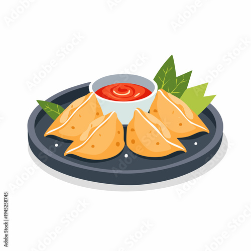 Delicious Japanese Gyoza Dumplings with Dipping Sauce Illustration