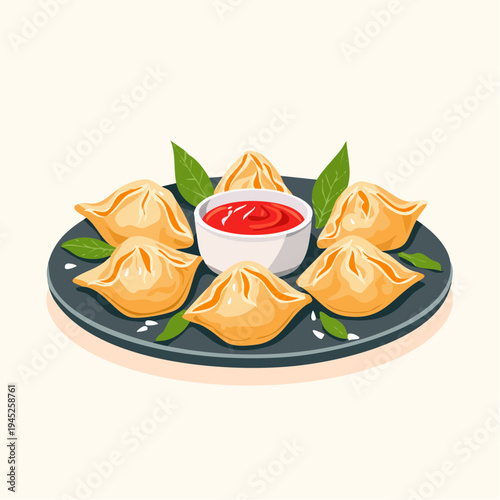 Delicious Japanese Gyoza Dumplings with Dipping Sauce Illustration