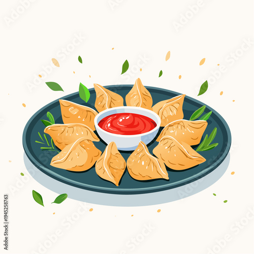 Delicious Japanese Gyoza Dumplings with Dipping Sauce Illustration