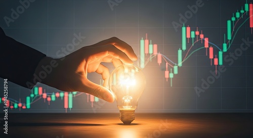 Hand holding glowing light bulb with stock market graph in background