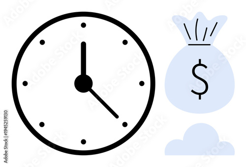 Time management, financial planning, efficiency, business strategy, investment, productivity. Black clock and money bag with dollar symbol. Time management and financial planning concept