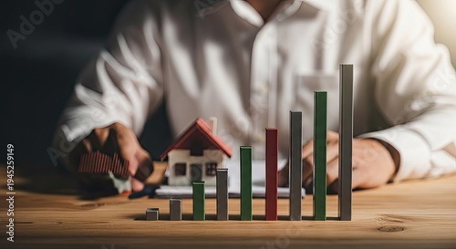 Businessman analyzing real estate market trends with a miniature house model
