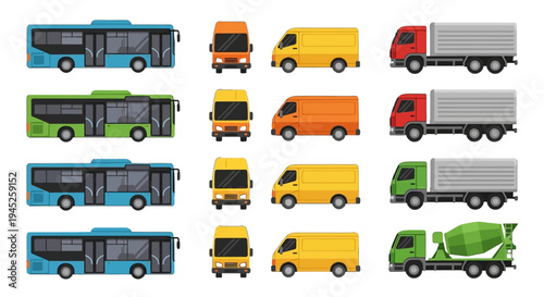 Collection of various vehicles including buses, vans, trucks, and concrete mixer