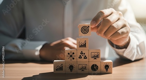 Business strategy and teamwork concept with wooden blocks