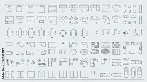 Furniture in top view. Vector illustration of isolated interior objects on white background.
