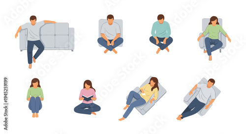 Collection of diverse people engaged in comfortable leisure activities and relaxing poses indoors