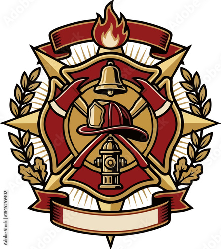 Firefighter Badge with Helmet Hydrant Flame Bell, Maltese Cross Emblem Vector Illustration