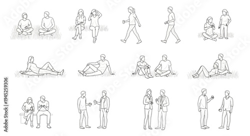 Versatile set of minimalist line art human figures for architectural plans and graphic design projects