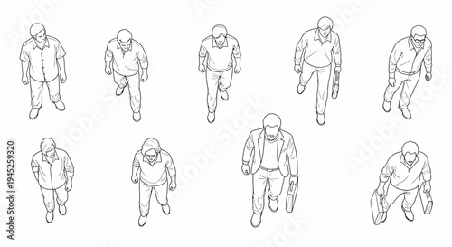 Set of human figures shown from top view, drawn as clean line art silhouettes. Different standing and walking poses designed specifically as a visual addition for CAD floor plans, architectural.
