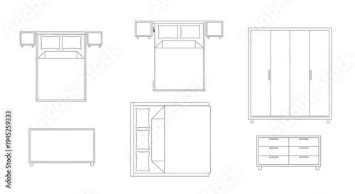 Set of Outline Bedroom Furniture Vector Illustrations for Interior Layouts and Architectural Plans