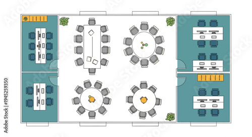 Modern Office Layout with Meeting Rooms and Workstations