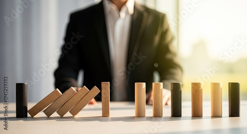 Businessman standing behind a row of falling dominoes on a table