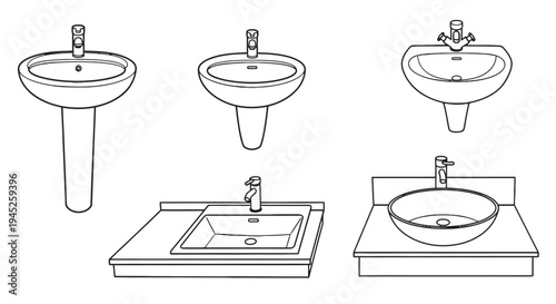 Collection of various bathroom sinks and basins in a clean line art illustration style