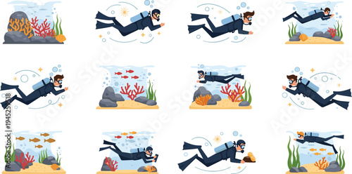 Professional scuba divers exploring underwater coral reefs with tropical fish and marine life in a modern flat vector illustration style
