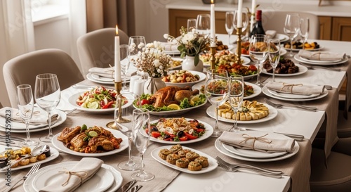 Feast of Delights: A sumptuously arranged dining table, laden with a vibrant array of culinary creations, invites diners to experience an unforgettable celebration of flavors.