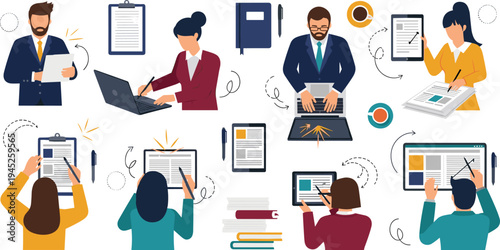 Business professionals and office workers writing on clipboards typing on laptops and managing digital documents in flat vector illustration set