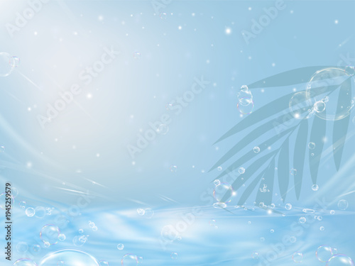 Blue water background and ripple,Splash,Foam texture.Realistic liquid wave with light sparkle on water drop effect.Clean cosmetic spa scene.Abstract sea surface.Beauty serum,Summer skincare banner 