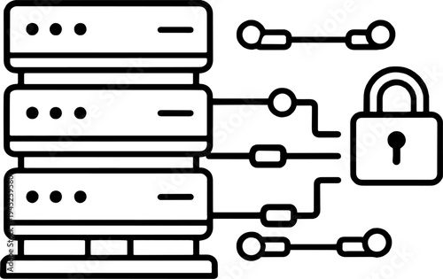 Minimalist Icon of Data Security and Server Protection with Padlock Connection, Minimal Line Art Illustration