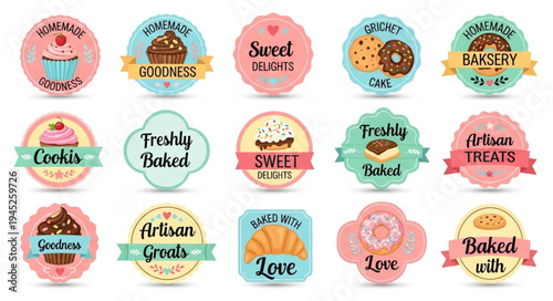 Collection of colorful bakery and dessert labels and badges.