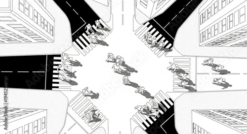 Abstract illustration of busy city intersection with cars and crosswalks.