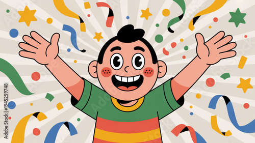 Happy child celebrating with arms outstretched amidst colorful confetti and stars on a beige background