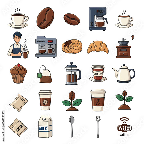 A vibrant illustration of various coffee related items on a clean white background