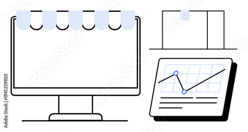Computer monitor with tabs, data chart, and grid illustrating digital data analysis. Ideal for data visualization, business metrics, analytics, market trends, reporting tools, productivity apps