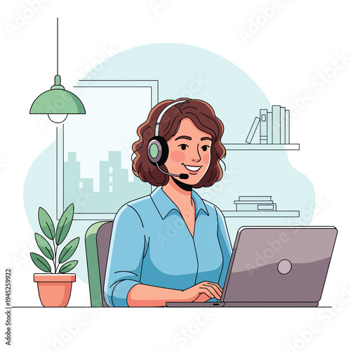 A woman wearing a headset sits at a desk with a laptop and plant in an office