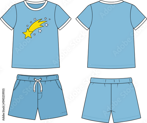 Kids Blue Pajama Set Technical Flat Sketch Vector with Shooting Star Print Featuring T Shirt and Shorts Front and Back