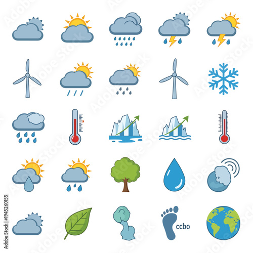 Weather icons depict various climate conditions and earth symbols
